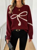 Women's V-Neck Jumper with Knitted Bow Detail, Red, view 3