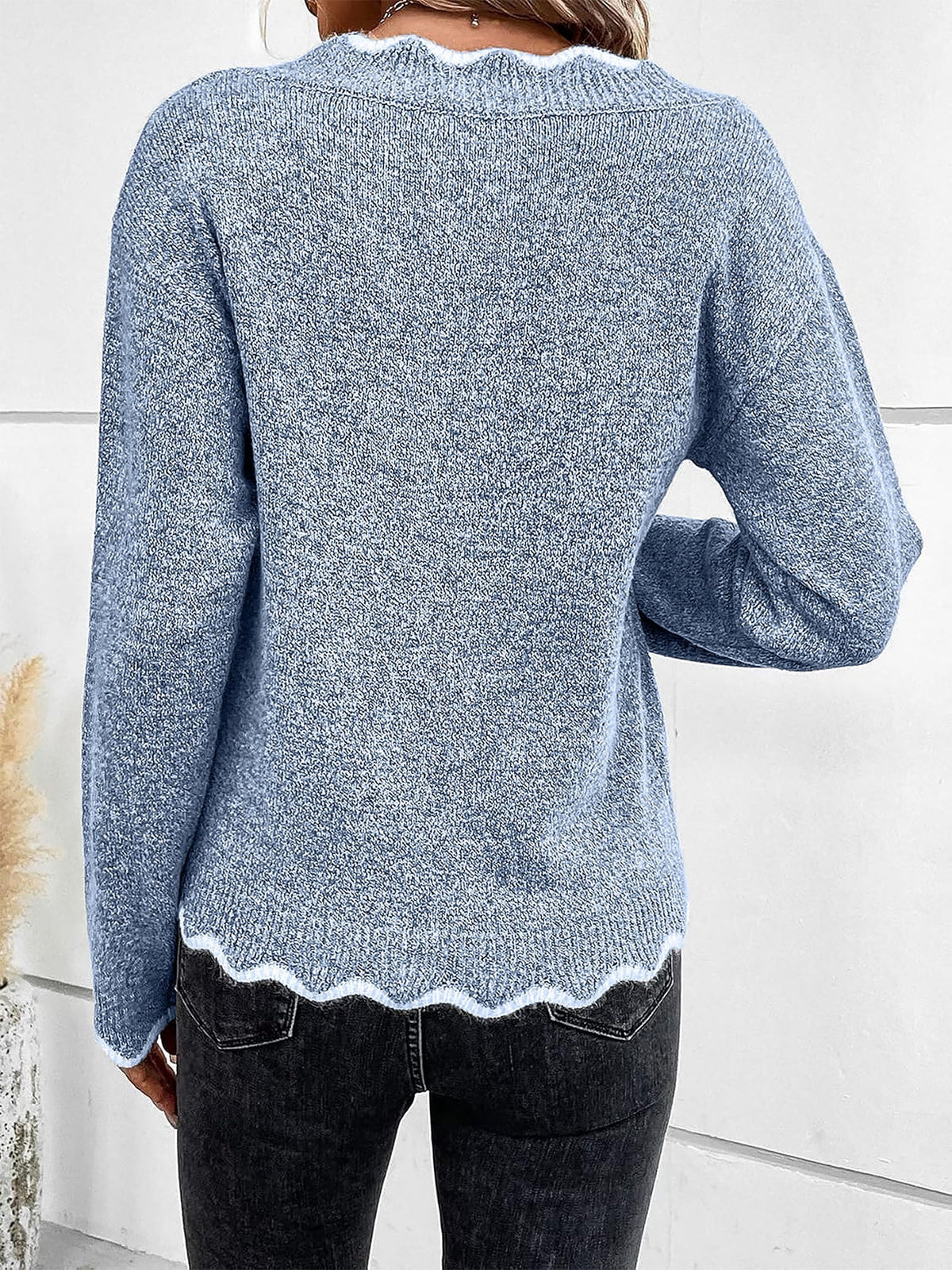 Women's V-Neck Jumper with Scallop Trim, view 2