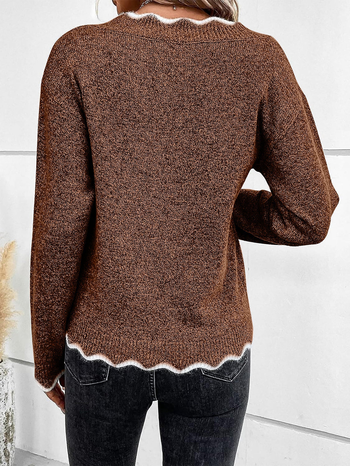 Women's V-Neck Jumper with Scallop Trim, view 4