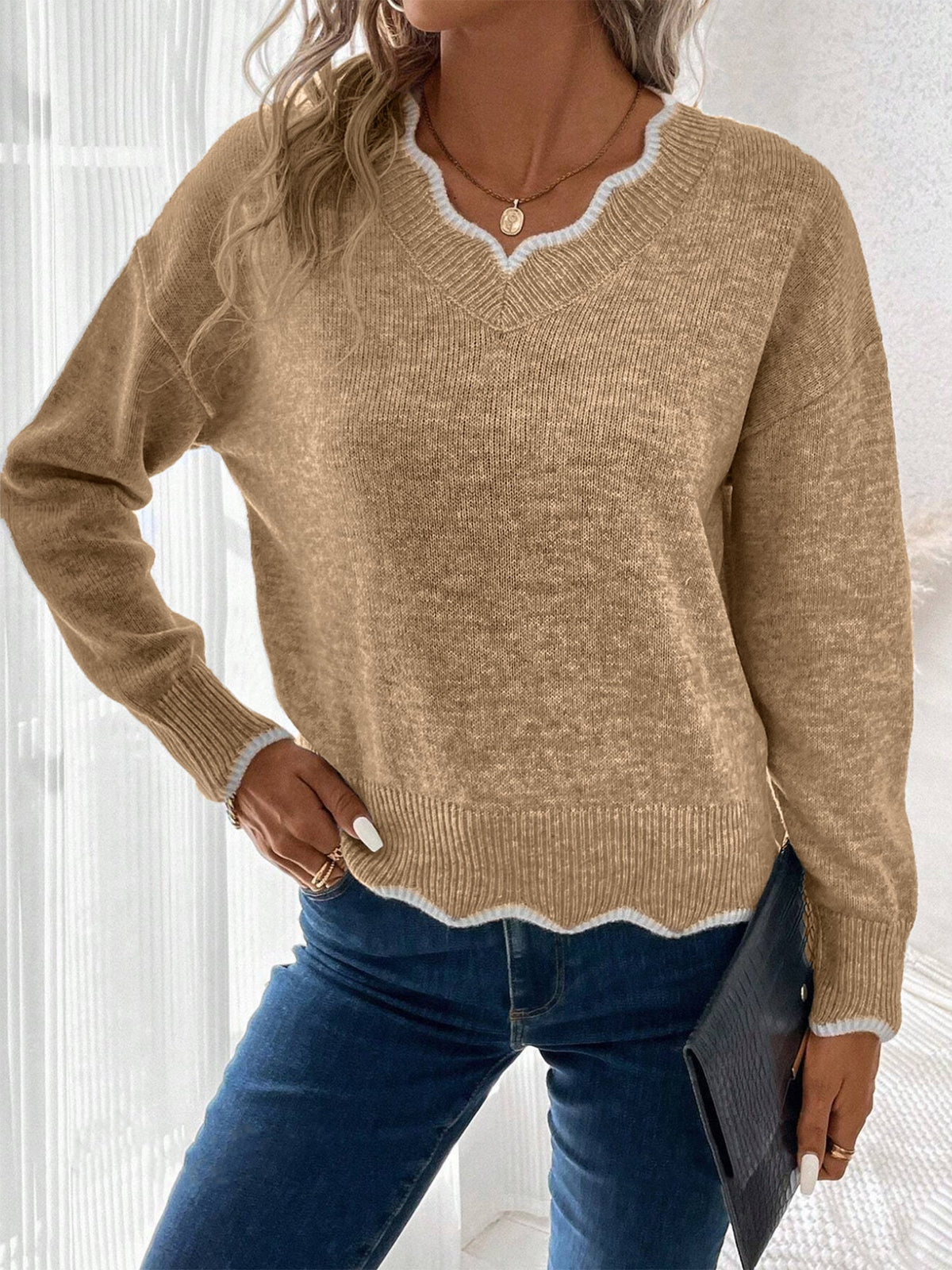 Women's V-Neck Jumper with Scallop Trim, Khaki, view 7