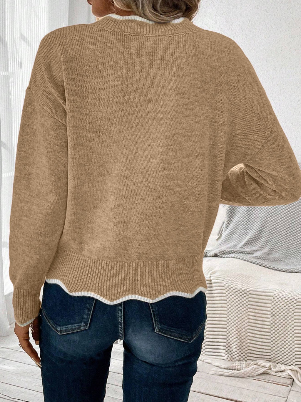 Women's V-Neck Jumper with Scallop Trim, view 8