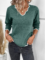 Women's V-Neck Jumper with Scallop Trim, Green, view 9