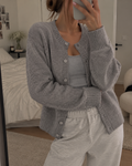 Women's V-Neck Knit Cardigan with Ribbed Cuffs, Grey, view 1