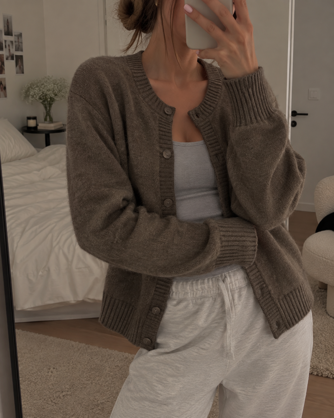 Women's V-Neck Knit Cardigan with Ribbed Cuffs, Brown, view 3