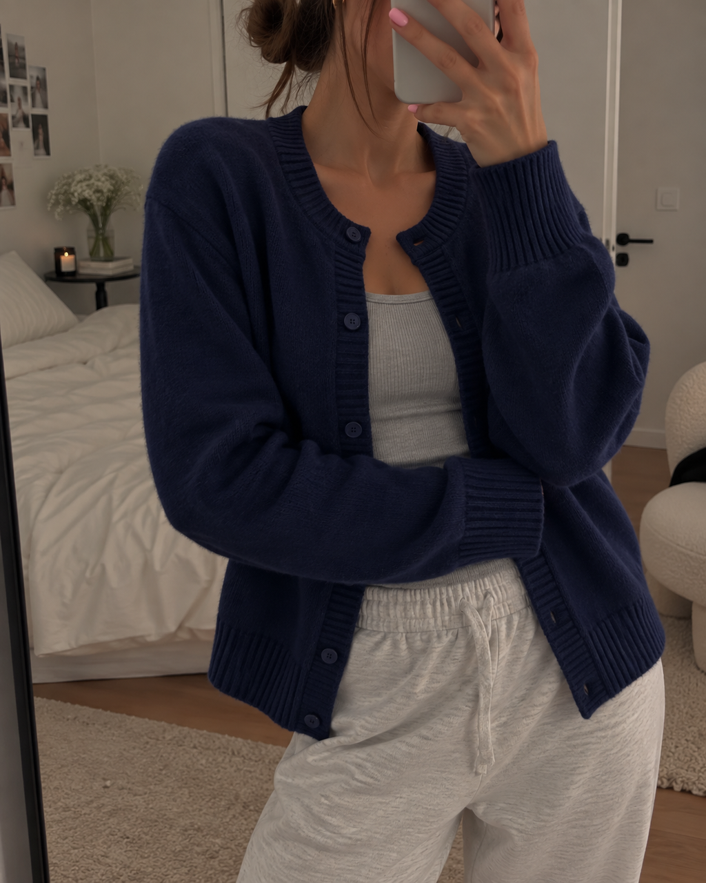 Women's V-Neck Knit Cardigan with Ribbed Cuffs, Navy Blue, view 4