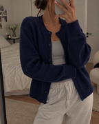 Women's V-Neck Knit Cardigan with Ribbed Cuffs, Navy Blue, view 4