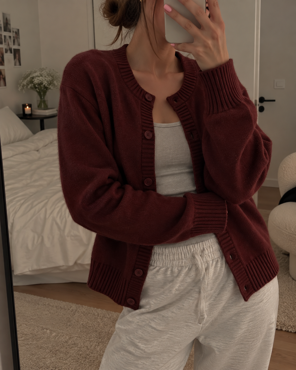 Women's V-Neck Knit Cardigan with Ribbed Cuffs, Dark Red, view 5