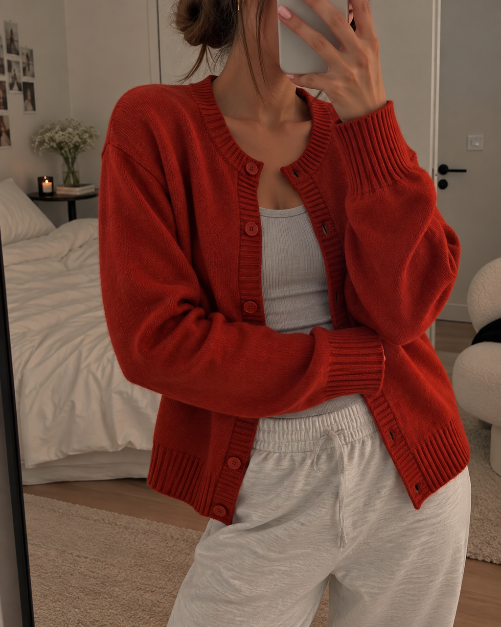 Women's V-Neck Knit Cardigan with Ribbed Cuffs, Red, view 6
