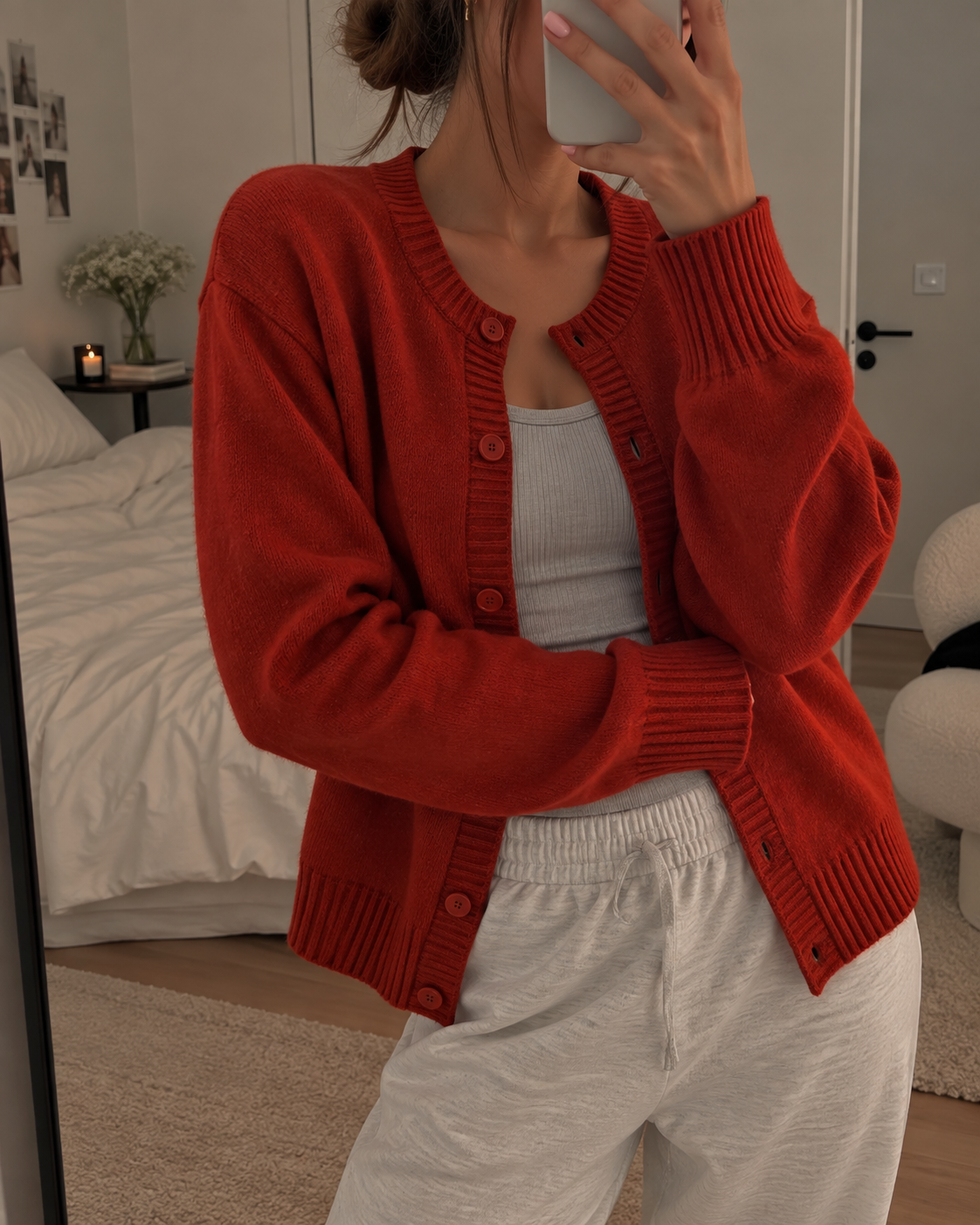 Women's V-Neck Knit Cardigan with Ribbed Cuffs, Red, view 6