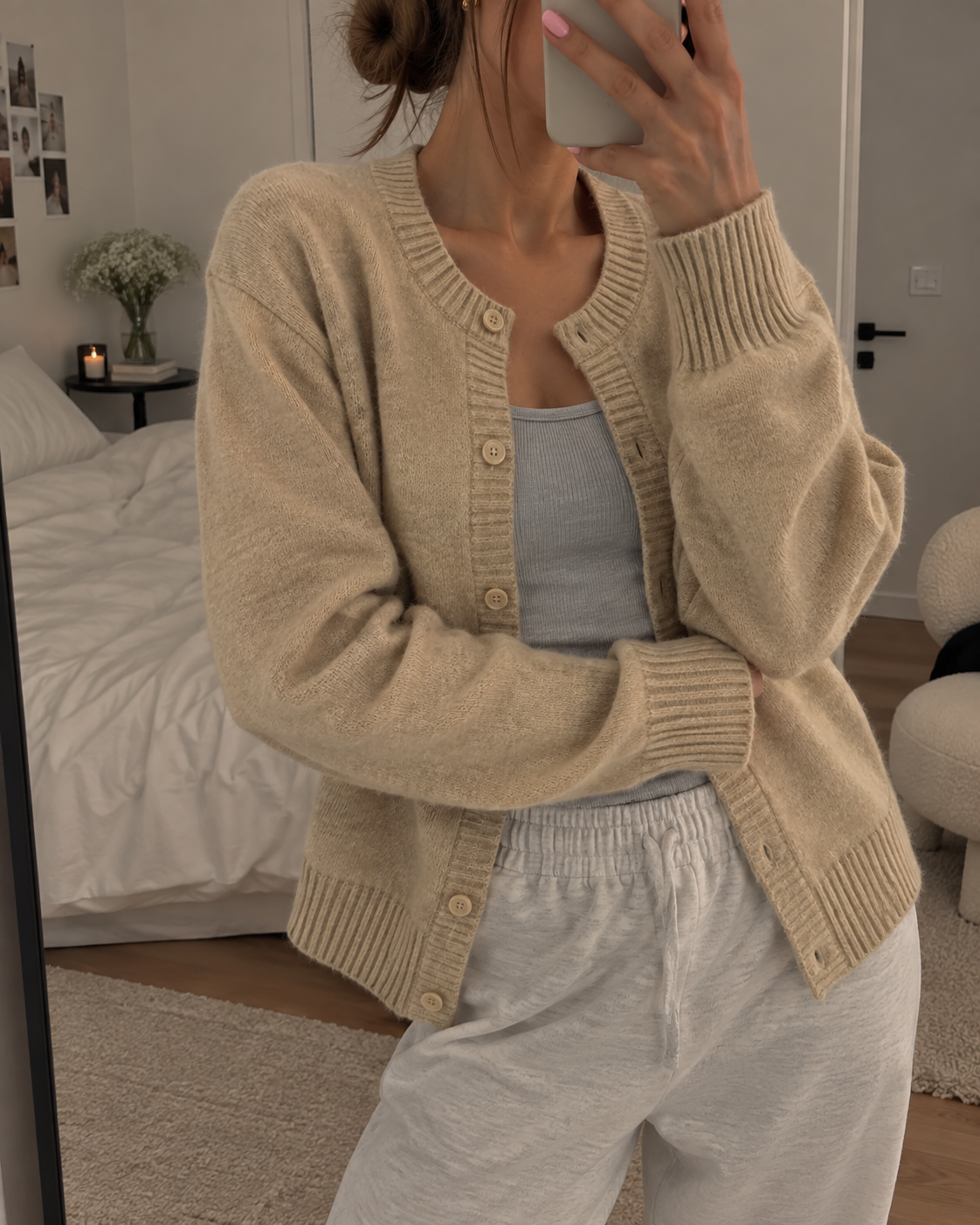 Women's V-Neck Knit Cardigan with Ribbed Cuffs, Beige, view 7