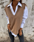 Women's V-Neck Knit Jumper Vest with Ribbed Trim, Brown, view 1