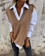 Women's V-Neck Knit Jumper Vest with Ribbed Trim, Brown, view 1