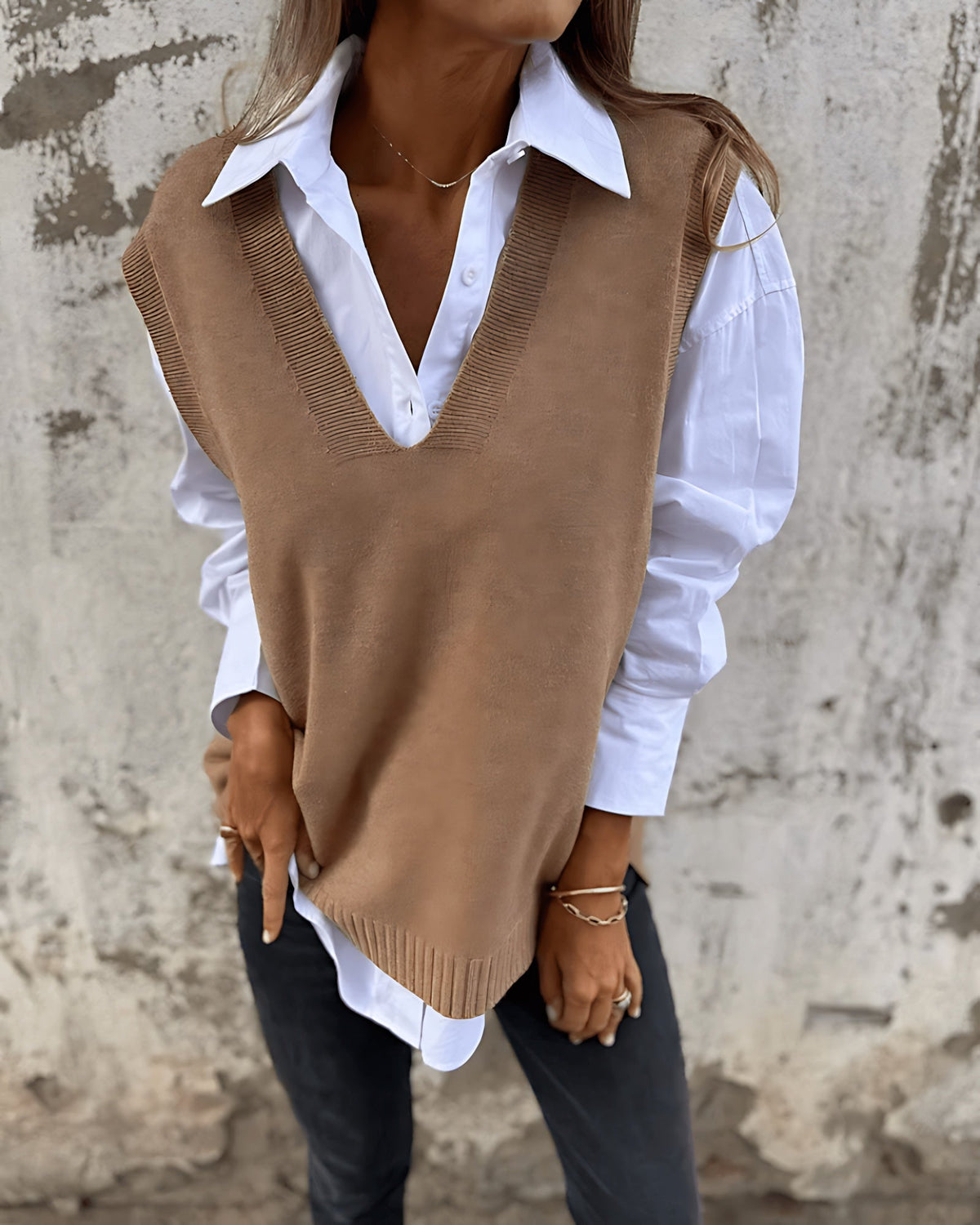 Women's V-Neck Knit Jumper Vest with Ribbed Trim, Brown, view 1