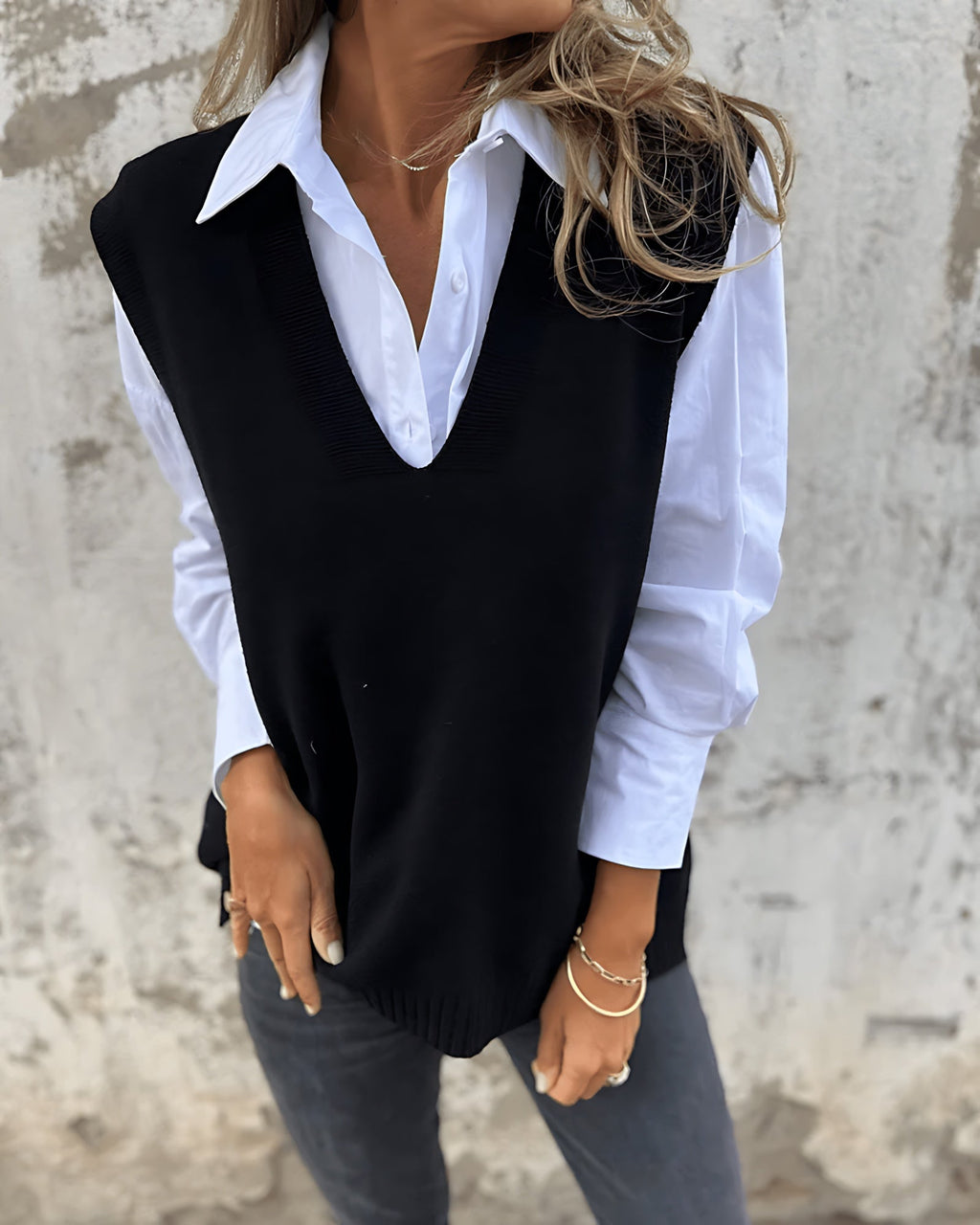 Women's V-Neck Knit Jumper Vest with Ribbed Trim, Black, view 4