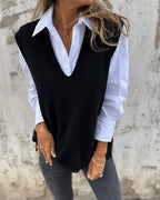 Women's V-Neck Knit Jumper Vest with Ribbed Trim, Black, view 4