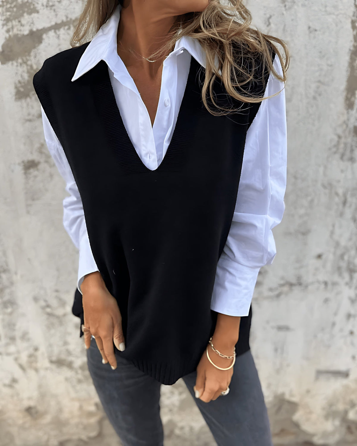 Women's V-Neck Knit Jumper Vest with Ribbed Trim, Black, view 4