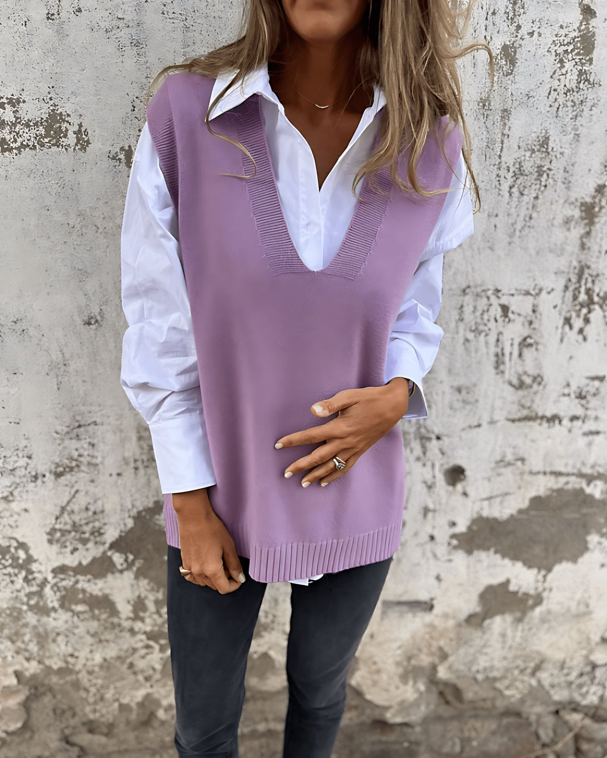 Women's V-Neck Knit Jumper Vest with Ribbed Trim, Purple, view 5