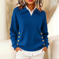 Women's V-Neck Knit Jumper with Gold-Tone Button Detail, Blue, view 1