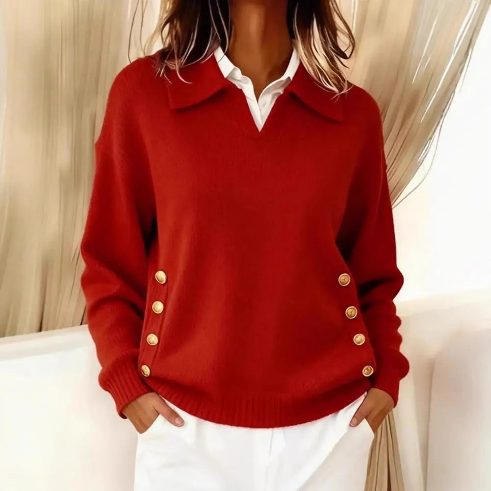 Women's V-Neck Knit Jumper with Gold-Tone Button Detail, Red, view 2