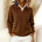 Women's V-Neck Knit Jumper with Gold-Tone Button Detail, Dark Brown, view 3