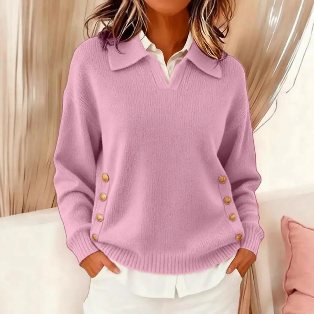 Women's V-Neck Knit Jumper with Gold-Tone Button Detail, Pink, view 5
