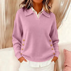 Women's V-Neck Knit Jumper with Gold-Tone Button Detail, Pink, view 5