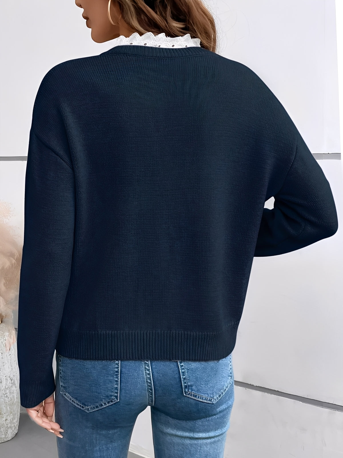 Women's V-Neck Knit Jumper with Scalloped Lace Trim, view 2
