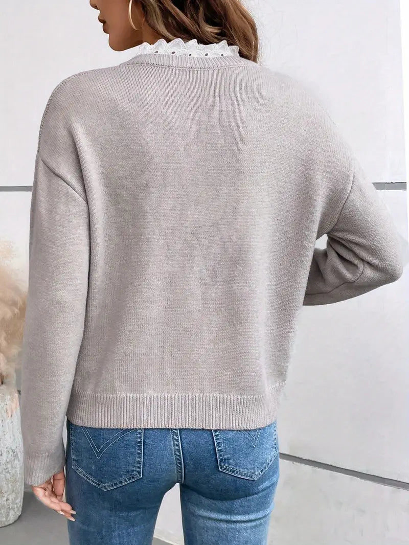 Women's V-Neck Knit Jumper with Scalloped Lace Trim, view 4
