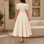 Women's V-Neck Midi Dress with Puff Sleeves and Gathered Waist, view 2
