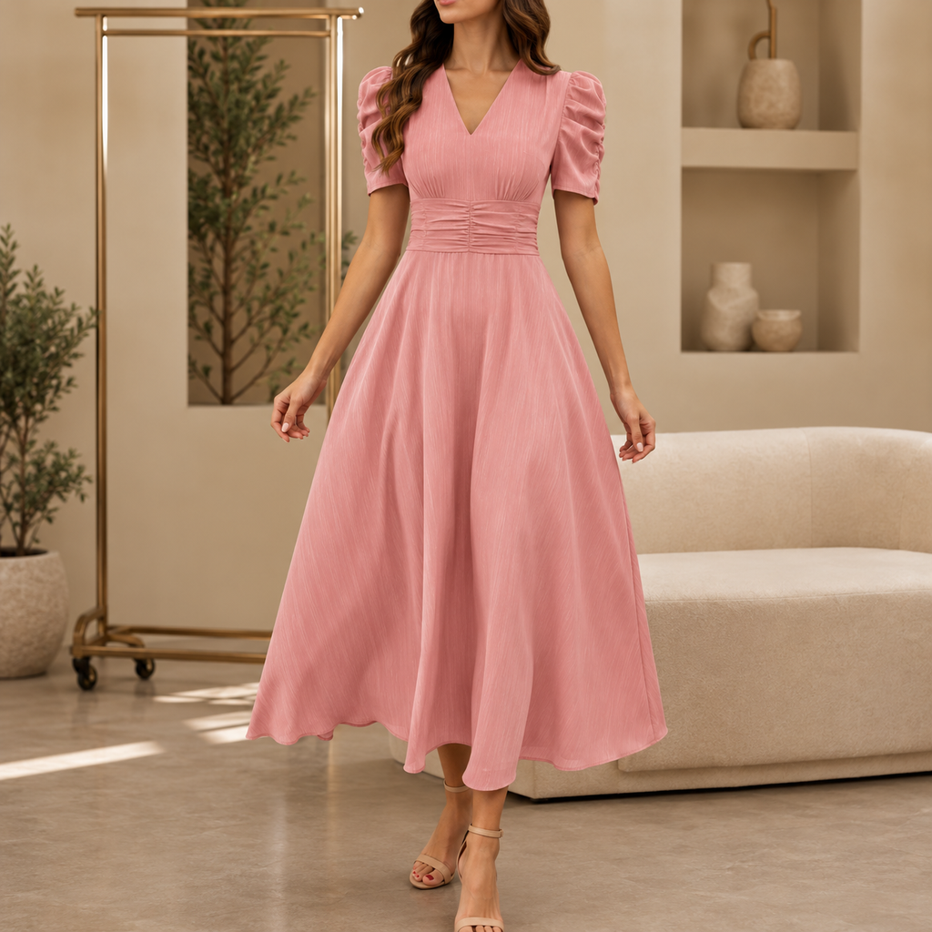 Women's V-Neck Midi Dress with Puff Sleeves and Gathered Waist, Pink, view 3