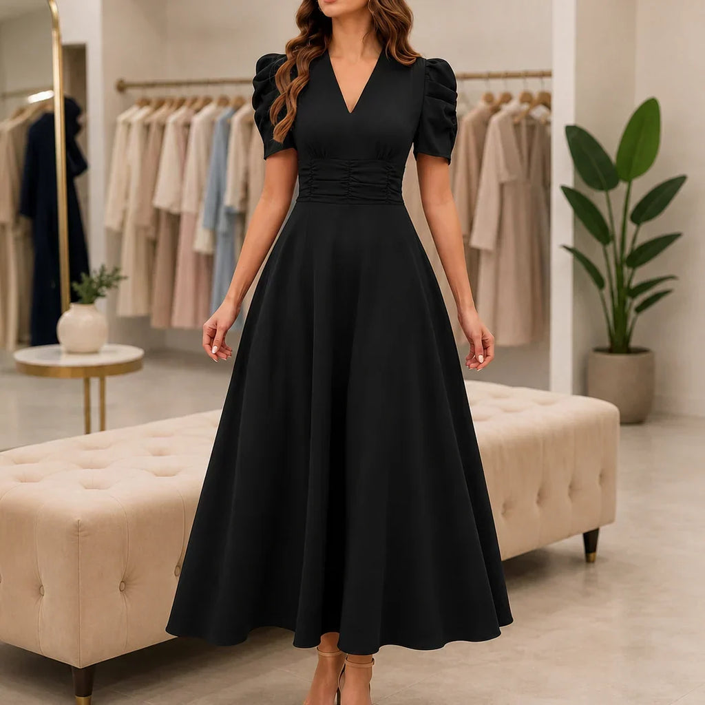 Women's V-Neck Midi Dress with Puff Sleeves and Gathered Waist, Black, view 4