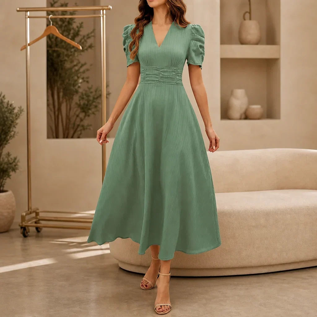 Women's V-Neck Midi Dress with Puff Sleeves and Gathered Waist, Olive Green, view 6