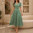 Women's V-Neck Midi Dress with Puff Sleeves and Gathered Waist, Olive Green, view 6