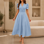 Women's V-Neck Midi Dress with Puff Sleeves and Gathered Waist, Light Blue, view 7