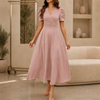 Women's V-Neck Midi Dress with Puff Sleeves and Gathered Waist, Light Pink, view 8