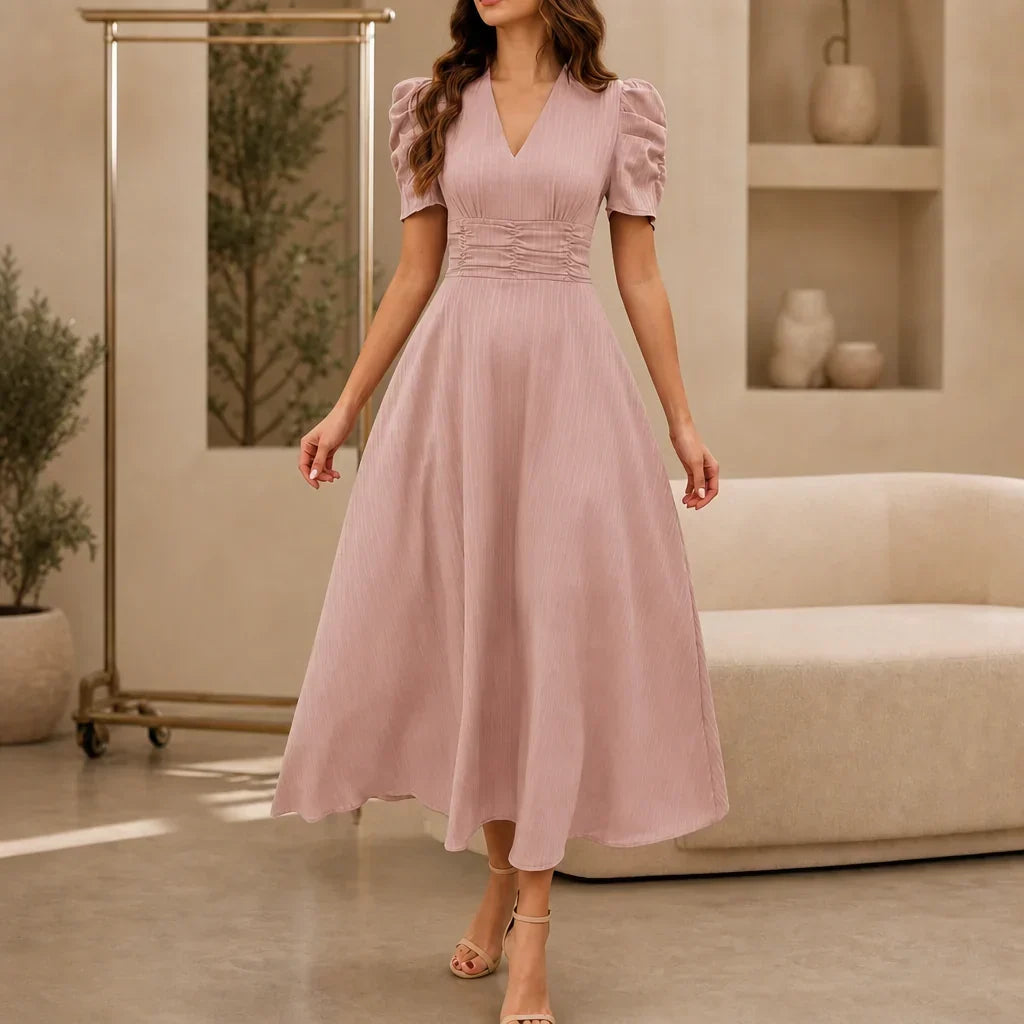 Women's V-Neck Midi Dress with Puff Sleeves and Gathered Waist, Light Pink, view 8