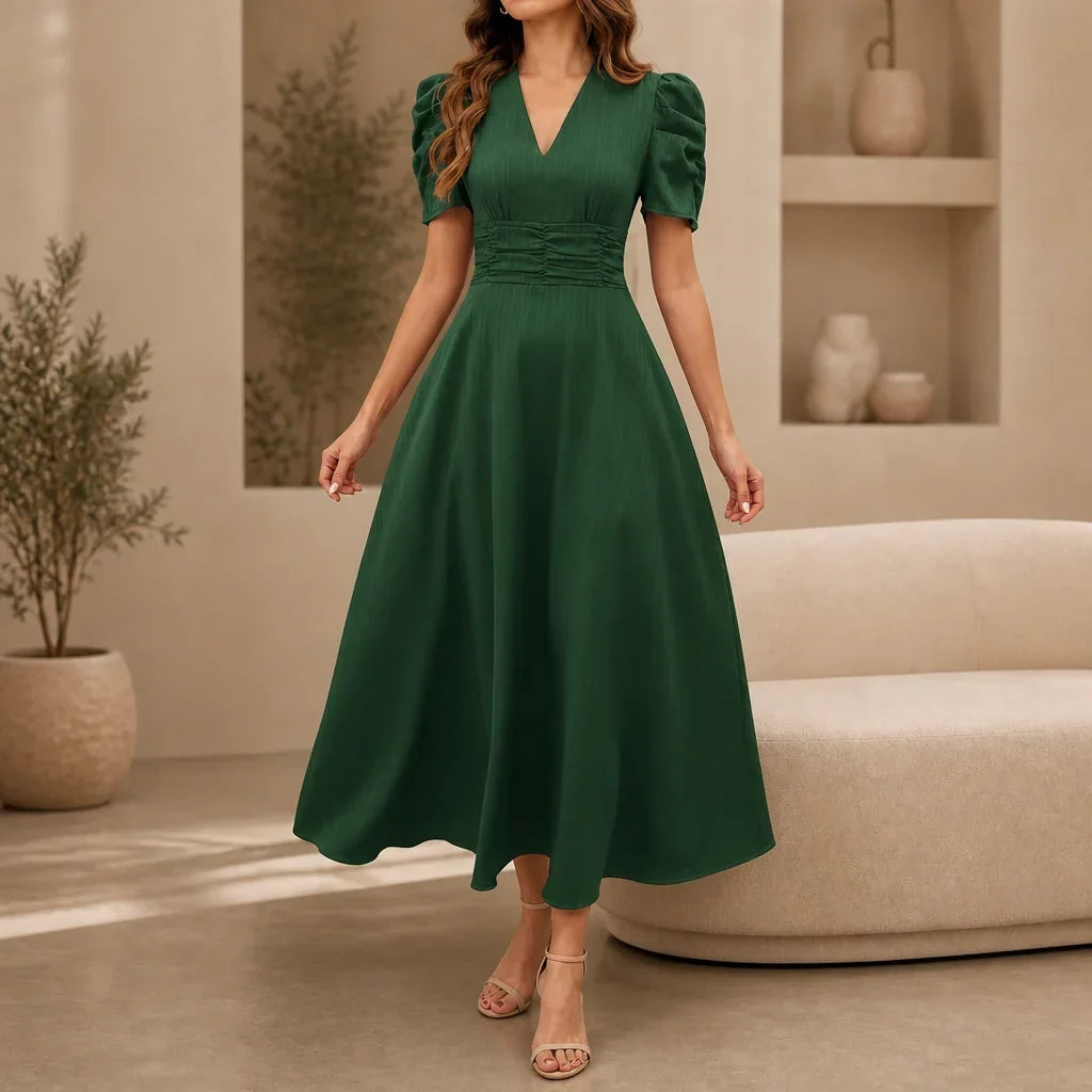 Women's V-Neck Midi Dress with Puff Sleeves and Gathered Waist, Green, view 9