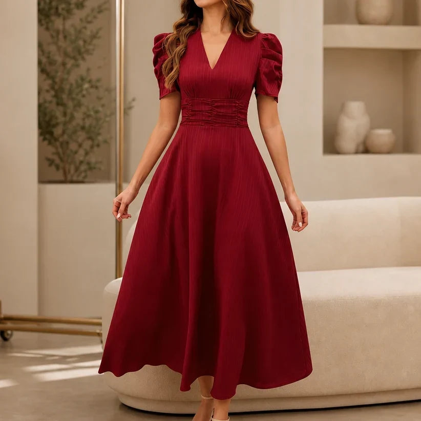 Women's V-Neck Midi Dress with Puff Sleeves and Gathered Waist, Red, view 11