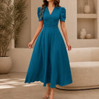 Women's V-Neck Midi Dress with Puff Sleeves and Gathered Waist, Royal Blue, view 12