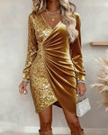Women's Velvet and Sequin Wrap Mini Dress, Gold, view 1