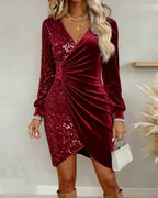 Women's Velvet and Sequin Wrap Mini Dress, Red, view 3