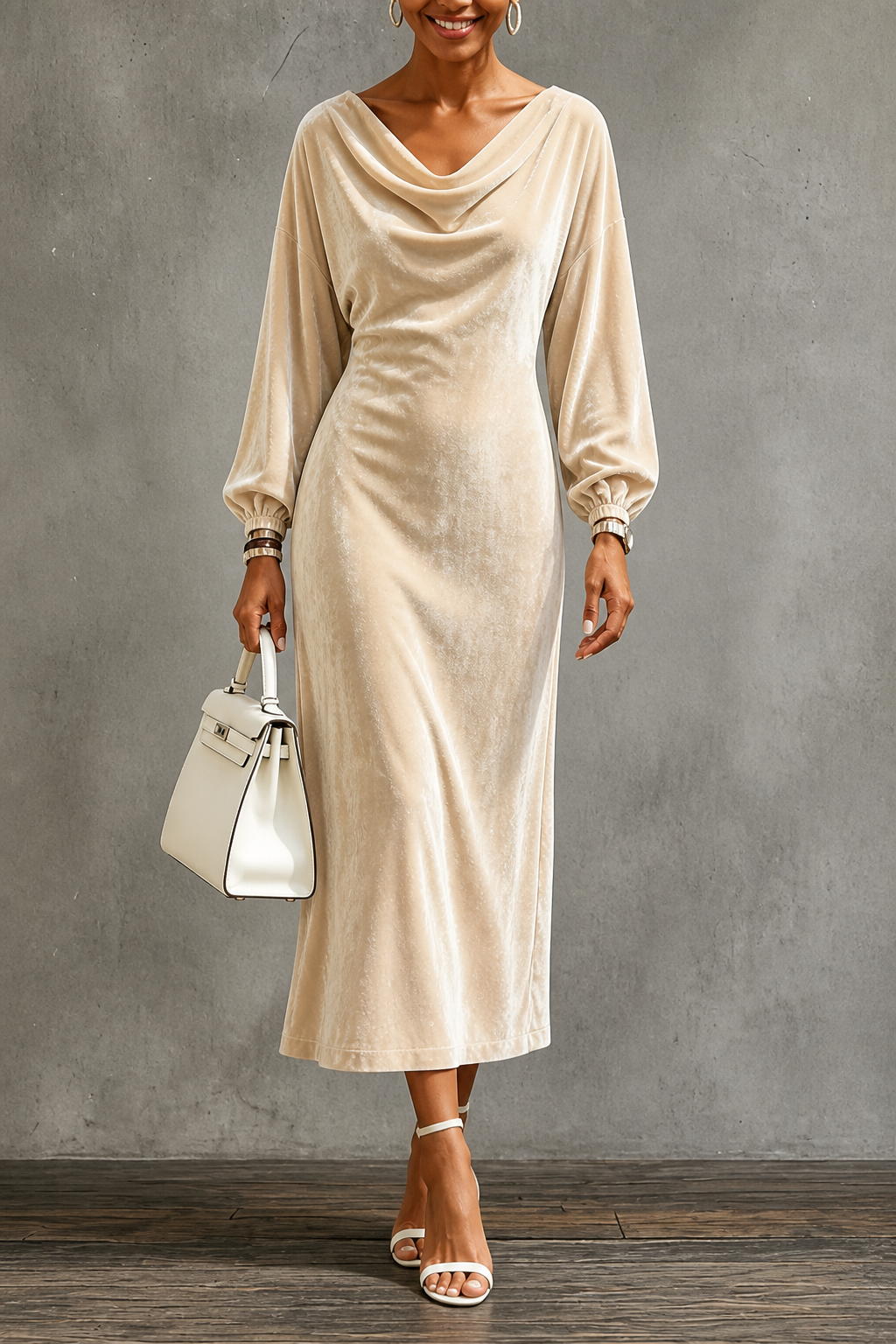 Women's Velvet Midi Dress with Draped Neckline and Puff Sleeves, Apricot, view 1