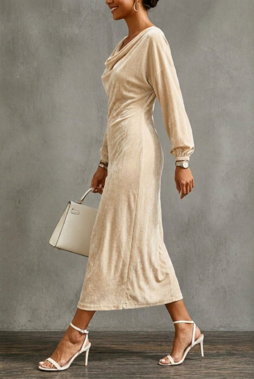 Women's Velvet Midi Dress with Draped Neckline and Puff Sleeves, view 2