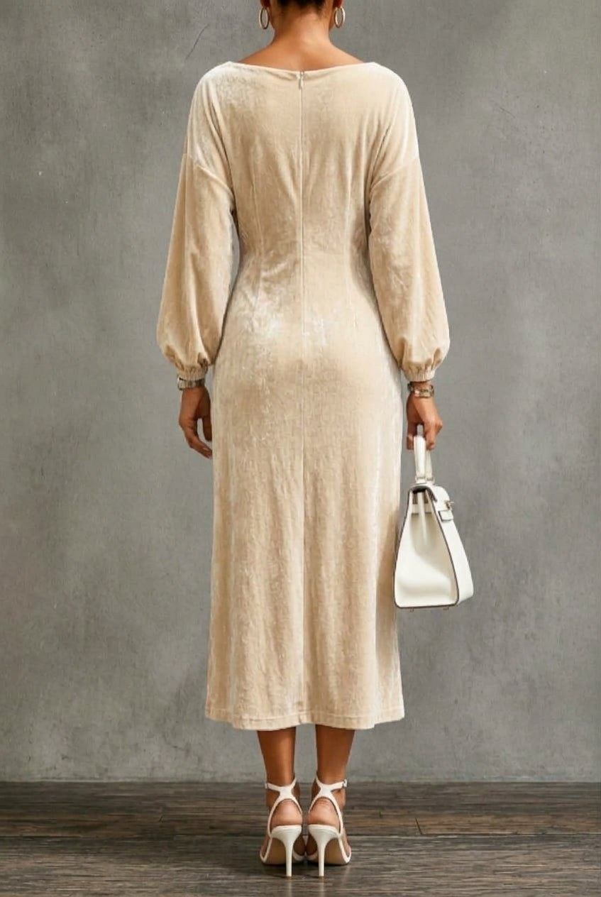 Women's Velvet Midi Dress with Draped Neckline and Puff Sleeves, view 3