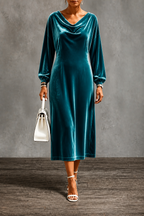 Women's Velvet Midi Dress with Draped Neckline and Puff Sleeves, Blue Green, view 4