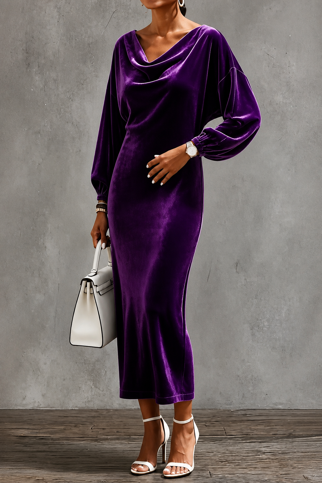 Women's Velvet Midi Dress with Draped Neckline and Puff Sleeves, Purple, view 8