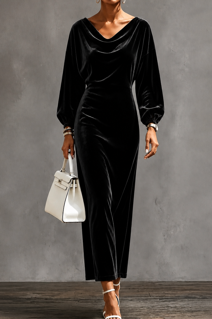 Women's Velvet Midi Dress with Draped Neckline and Puff Sleeves, Black, view 9