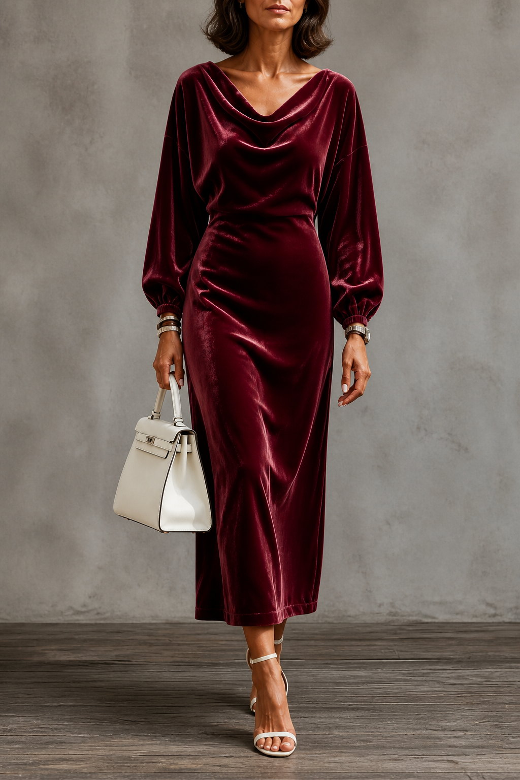 Women's Velvet Midi Dress with Draped Neckline and Puff Sleeves, Burgundy, view 10