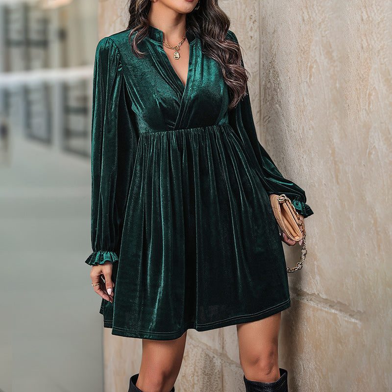 Women's Velvet Mini Dress with V-Neck and Puff Sleeves, Green, view 1