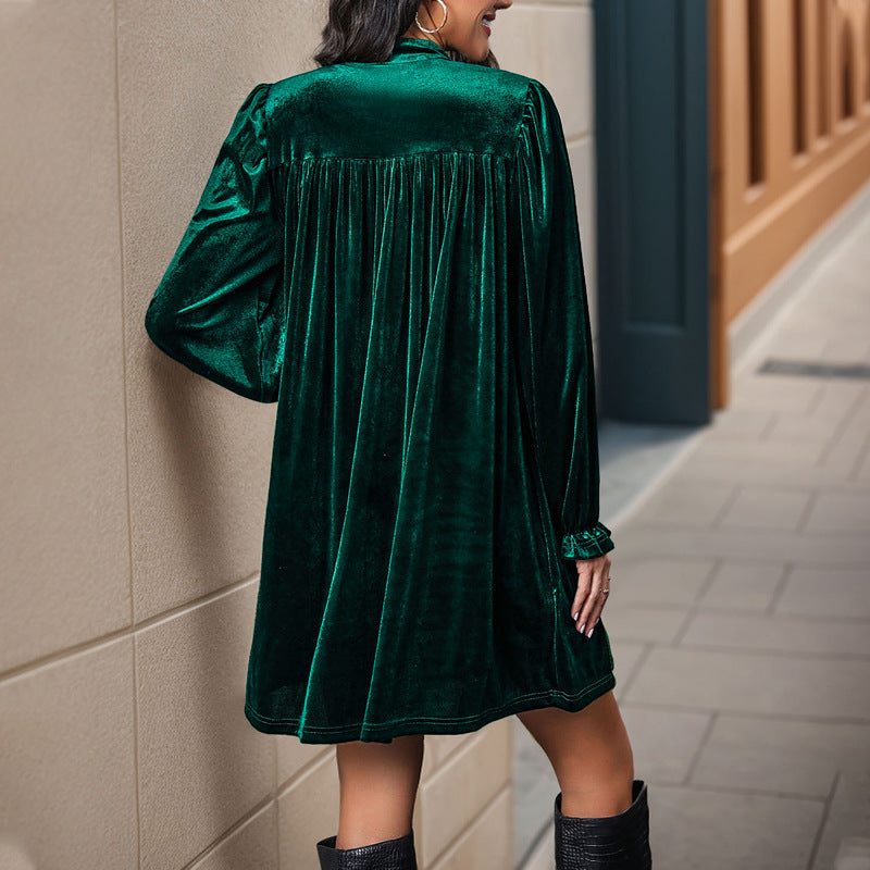 Women's Velvet Mini Dress with V-Neck and Puff Sleeves, view 2